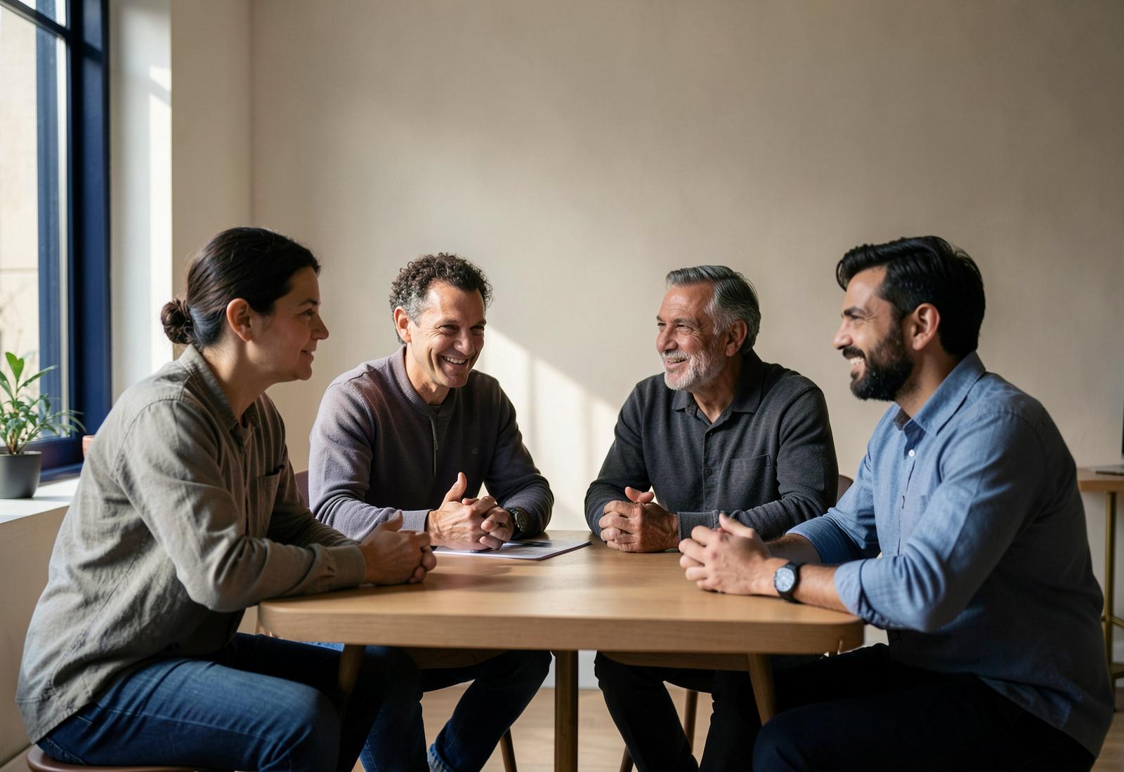 A diverse group of leaders in a thoughtful conversation around a table