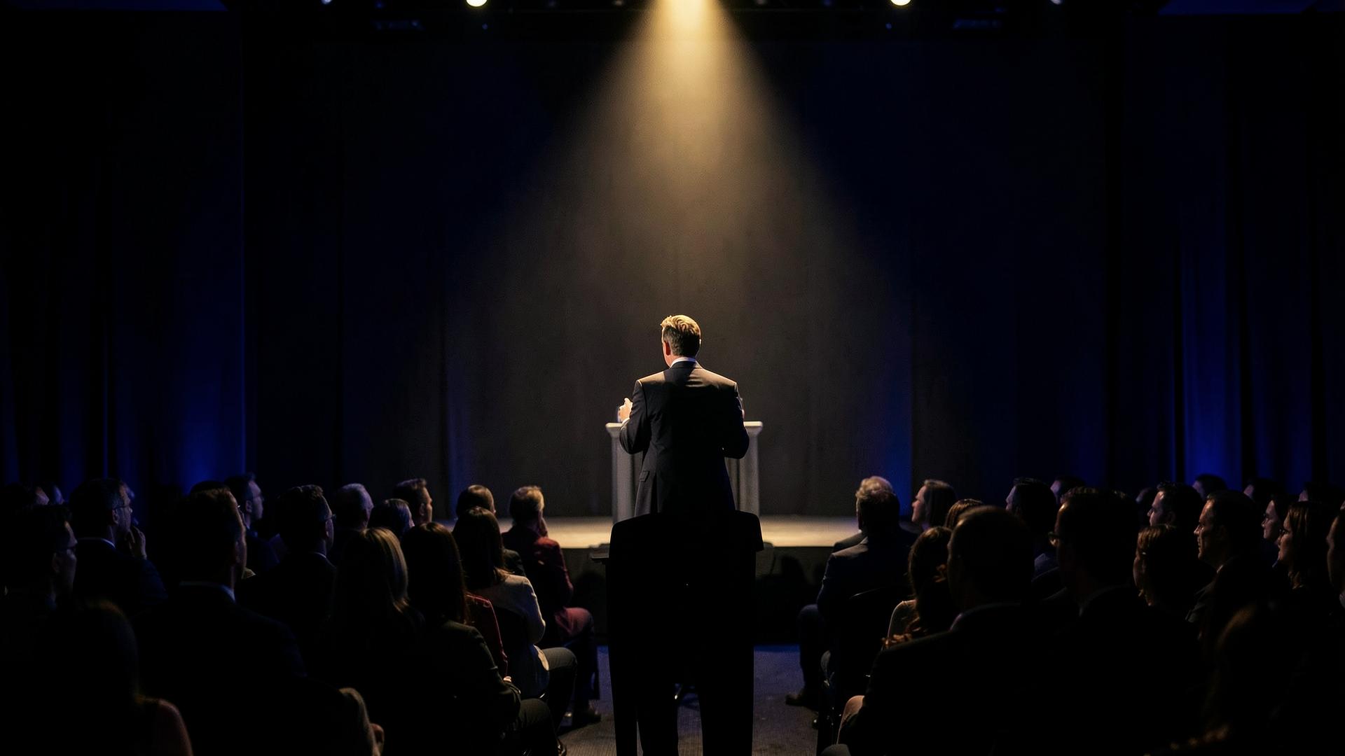 A keynote speaker in a golden spotlight on a dark stage before an audience